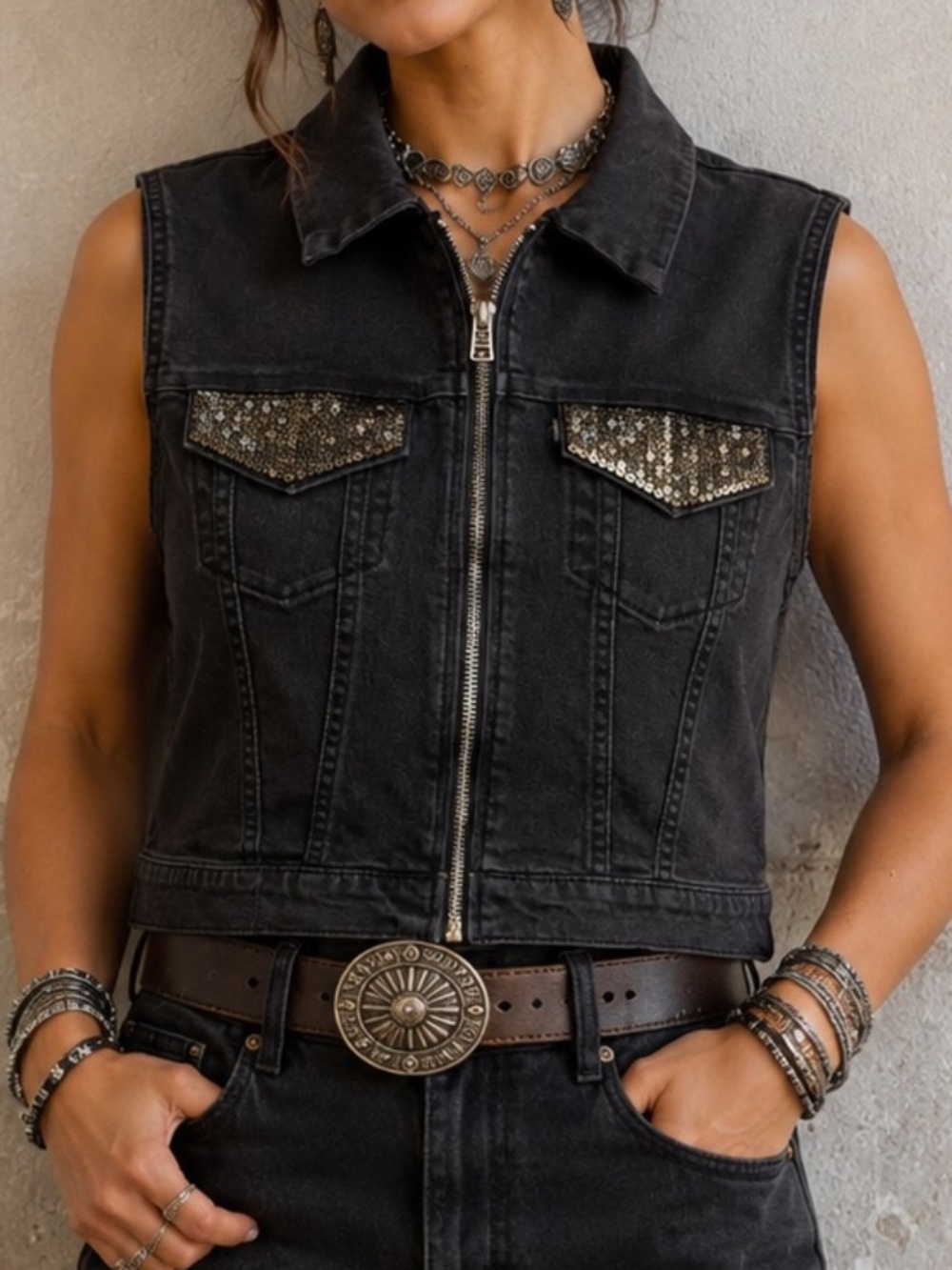 Levi Strauss Denim Vest Womens Size Small Black Sequins Western Cowgirl